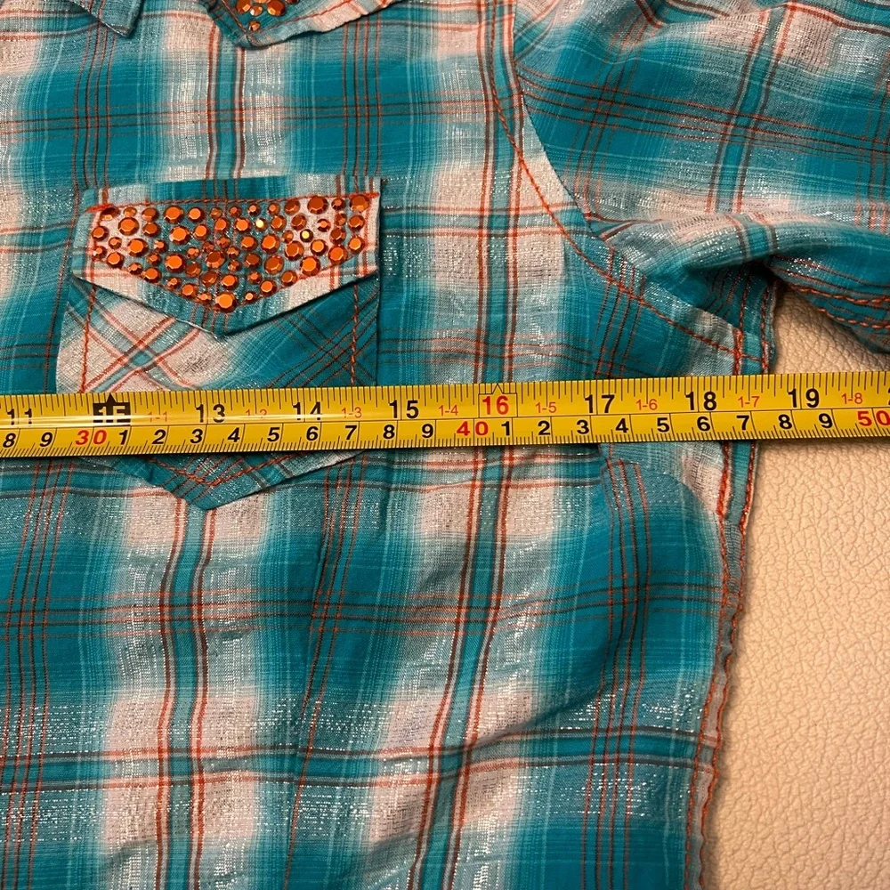 WOMEN’S ARIAT WESTERN SHIRT MEDIUM FITTED PEARL SNAP TEAL METALLIC PLAID STUDDED - Picture 6 of 10